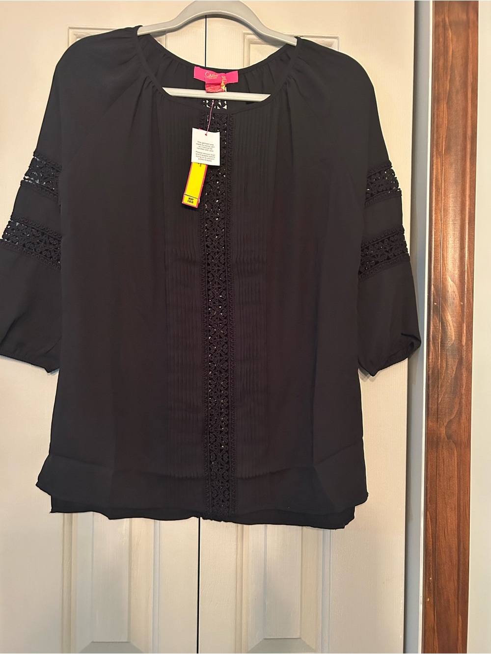 Women's Black Crochet-Trim Peasant Blouse